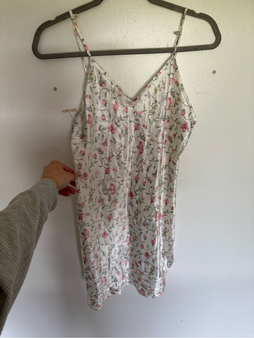 Floral Satin Slip Dress - White with Pink & Green Floral Print